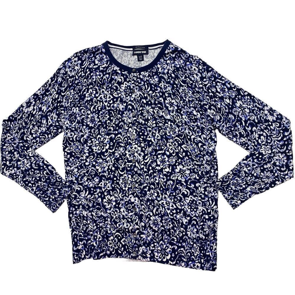 Lands End Cardigan Womens Large Tall Blue Floral Supima Cotton Button Front
